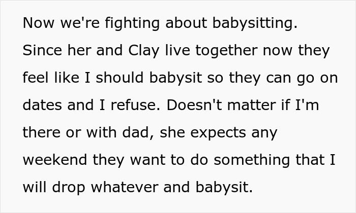Text about absentee mom expecting teen to babysit fiancé's kids so they can go on dates, causing conflict. Text about absentee mom expecting teen to babysit fiancé's kids so they can go on dates, causing conflict.