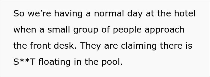 Small group at hotel front desk reporting a kid's poop floating in the pool, causing a disturbance at the hotel pool.