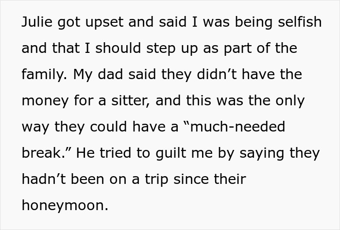 Text excerpt showing a teen being pressured by parents to babysit step-siblings due to lack of funds for a sitter. Text excerpt showing a teen being pressured by parents to babysit step-siblings due to lack of funds for a sitter.