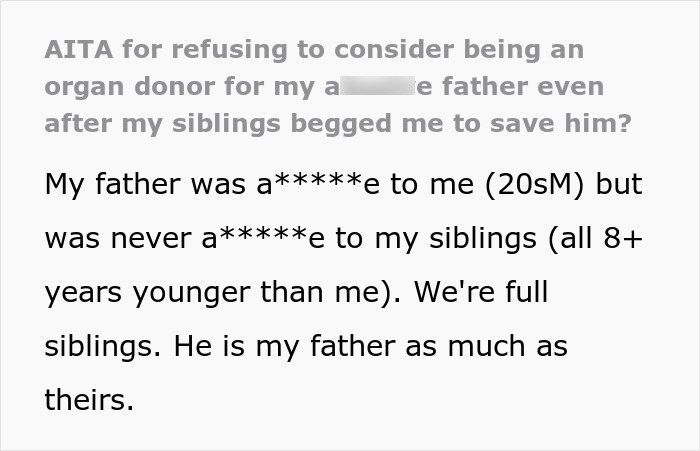 Text excerpt about a man refusing to donate an organ to the father who made his childhood difficult. Text excerpt about a man refusing to donate an organ to the father who made his childhood difficult.