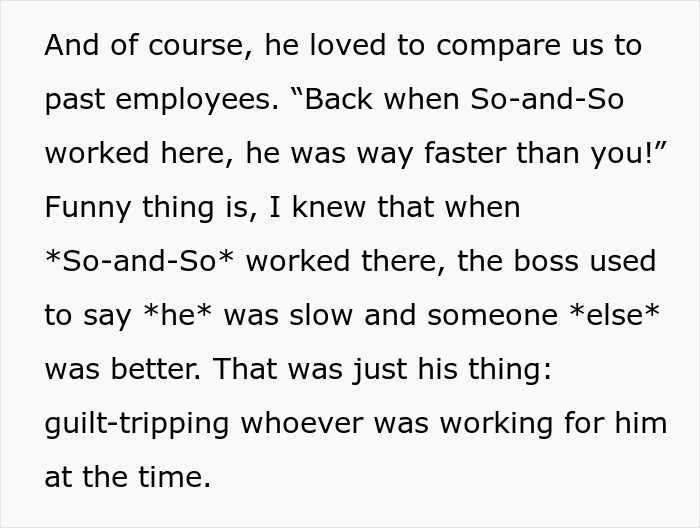 Text excerpt about a boss guilt-tripping employees by comparing them to past workers after each client message.