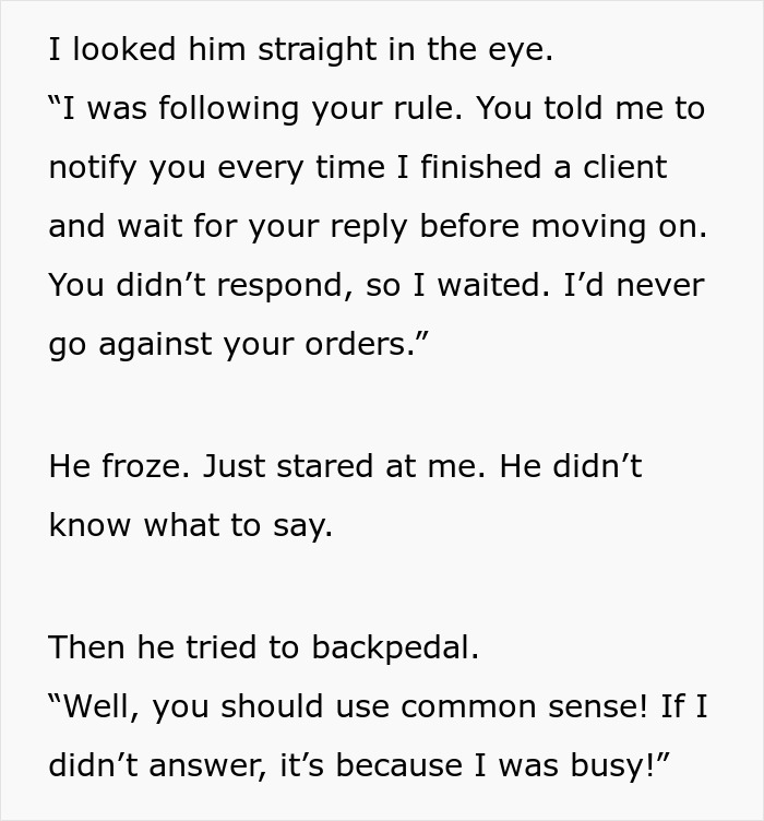 Text excerpt showing a conversation where a guy follows boss’s rule to message after every client but gets ignored for three hours.