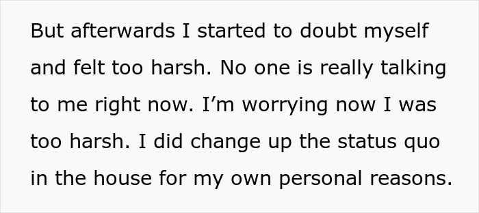Text excerpt from a student working mom reflecting on feeling harsh and facing family complaints about changing the status quo.