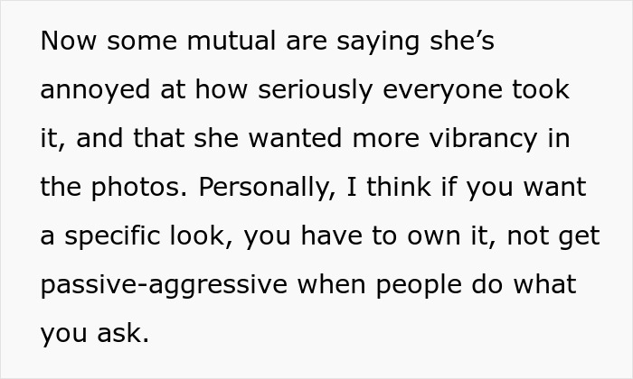 Text about the bride upset after requesting neutrals but wanting color, discussing expectations and reactions. Text about the bride upset after requesting neutrals but wanting color, discussing expectations and reactions.