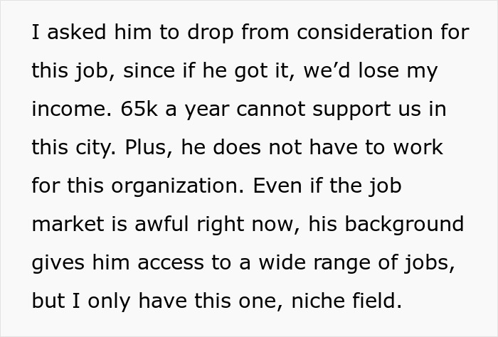 Text discussing asking husband to turn down dream job due to financial concerns and job market challenges. Text discussing asking husband to turn down dream job due to financial concerns and job market challenges.