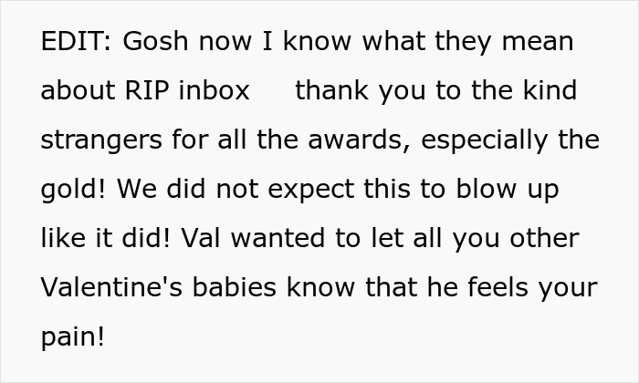 Text block showing a message about RIP inbox, gratitude for awards, and a note from Val to Valentine's babies about shared pain. Text block showing a message about RIP inbox, gratitude for awards, and a note from Val to Valentine's babies about shared pain.