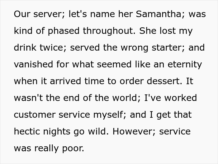 Text excerpt from a man describing poor service by a waitress before taking back his tip after being shamed. Text excerpt from a man describing poor service by a waitress before taking back his tip after being shamed.
