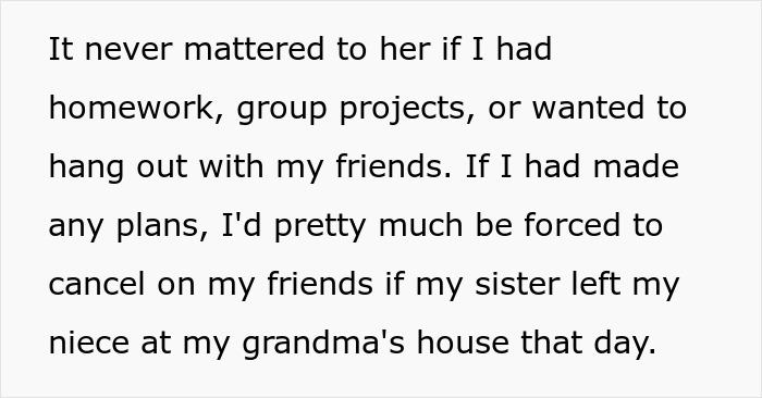 Text excerpt showing frustration from years of unpaid babysitting and lack of respect while caring for sister’s kids.