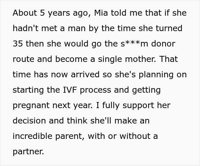 Text excerpt discussing a woman choosing to become a single mom and planning to start IVF next year. Text excerpt discussing a woman choosing to become a single mom and planning to start IVF next year.