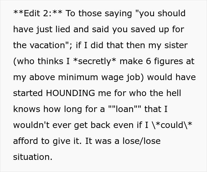 Text excerpt discussing a vacation causing rift when woman chooses friend over sister and niblings for trip plans. Text excerpt discussing a vacation causing rift when woman chooses friend over sister and niblings for trip plans.
