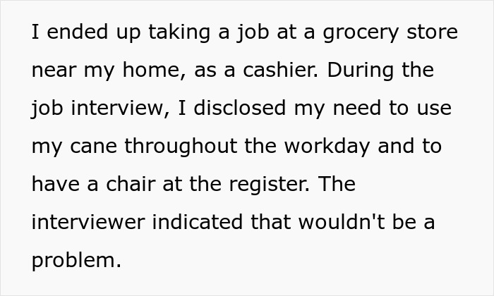 Text excerpt describing a disabled employee disclosing accommodation needs during a grocery store job interview.
