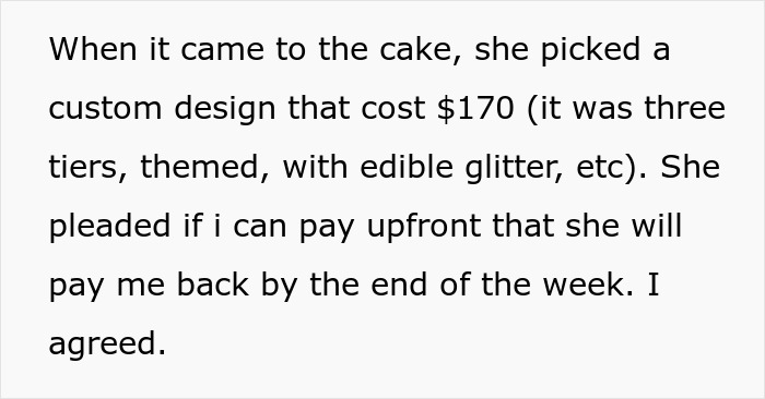 Text discussing a custom cake order costing 170 dollars with themes and edible glitter for a party. Text discussing a custom cake order costing 170 dollars with themes and edible glitter for a party.