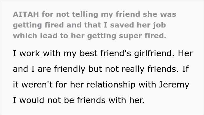 Alt text: Text discussing not telling a friend about getting fired which led to her getting super fired at work.