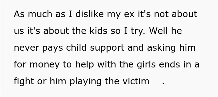 Text excerpt about a man refusing small favors and child support, facing legal consequences as a deadbeat dad. Text excerpt about a man refusing small favors and child support, facing legal consequences as a deadbeat dad.