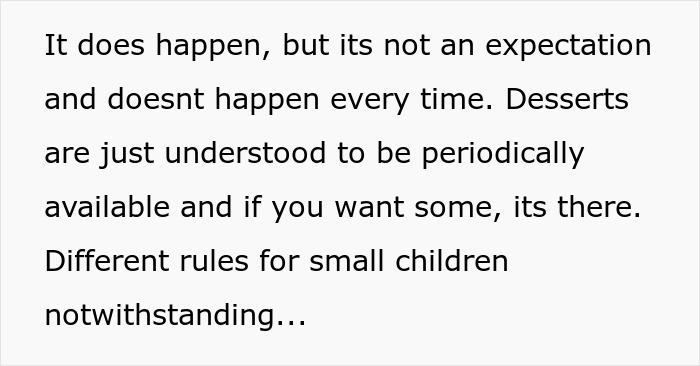 Text discussing desserts availability and expectations, highlighting conflicts around a week-old birthday cake. Text discussing desserts availability and expectations, highlighting conflicts around a week-old birthday cake.