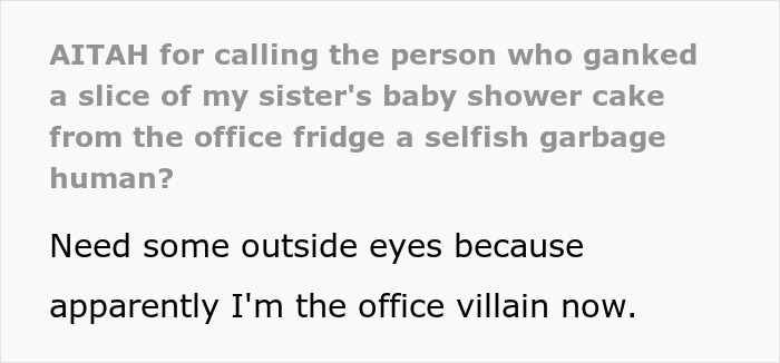 Text post about a woman’s custom baby shower cake ruined in a shared office fridge causing conflict with coworkers.