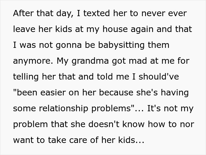 Text excerpt discussing a 17-year-old refusing to babysit sister’s kids without payment or respect after years of unpaid care.