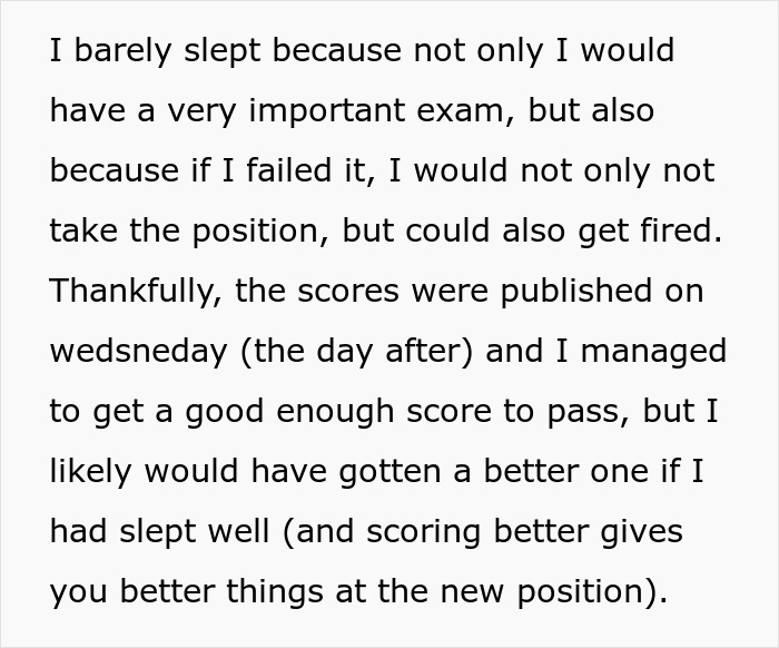 Text excerpt discussing stress and consequences of an important exam before a new job, highlighting work-related pressure. Text excerpt discussing stress and consequences of an important exam before a new job, highlighting work-related pressure.