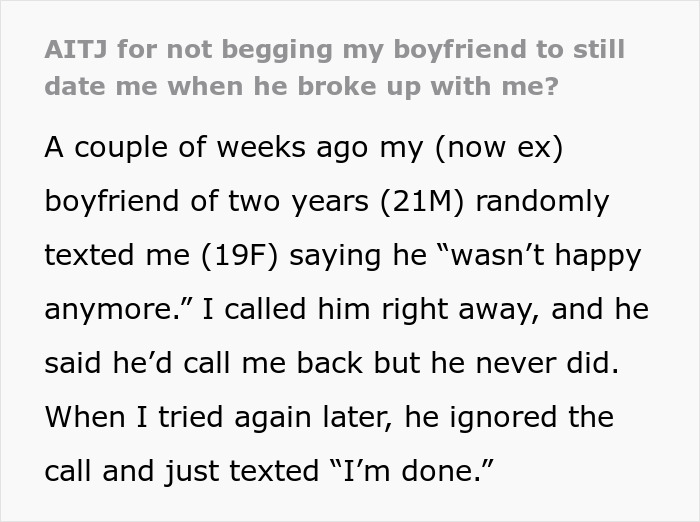 Text excerpt about a boyfriend breaking up without warning and blocking contact after two years of dating.