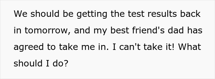 Text on screen showing a message about waiting for test results and a dad’s decision involving his illegitimate son in tears. Text on screen showing a message about waiting for test results and a dad’s decision involving his illegitimate son in tears.