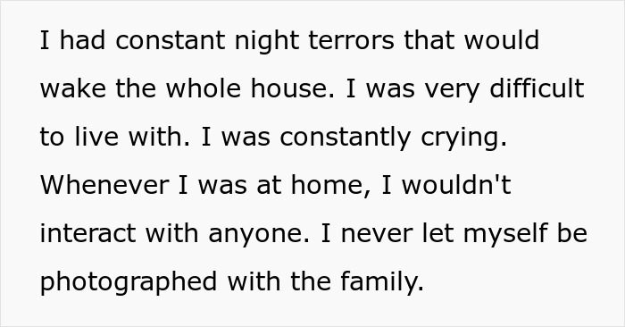 Text about woman’s trauma and refusal to interact with unhinged stepfather after he burned her father’s picture. Text about woman’s trauma and refusal to interact with unhinged stepfather after he burned her father’s picture.
