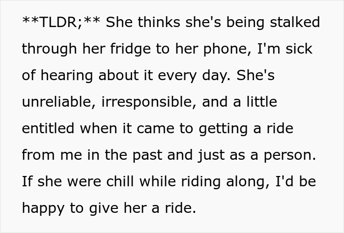 Text excerpt describing a woman annoyed by a coworker who demands rides without notice or tact.
