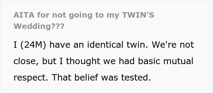 Text excerpt discussing a gay man’s experience with his twin’s wedding invitation and relationship challenges. Text excerpt discussing a gay man’s experience with his twin’s wedding invitation and relationship challenges.