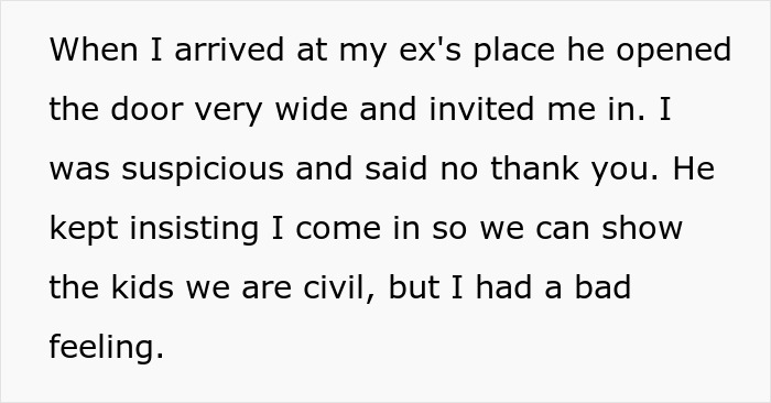Text about lady refusing to let ex's stepkid use her bathroom due to suspicion of snooping and feeling uneasy. Text about lady refusing to let ex's stepkid use her bathroom due to suspicion of snooping and feeling uneasy.
