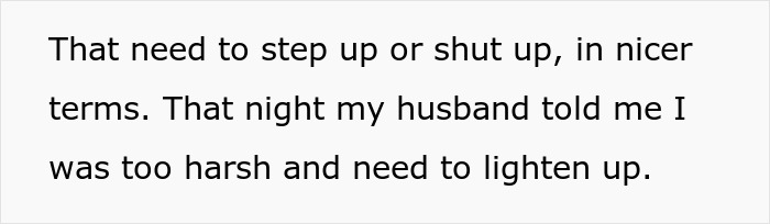 Text excerpt showing a student working mom receiving family complaints about being too harsh and needing to lighten up.