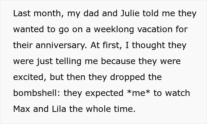 Teen refuses to babysit step-siblings for a week, leading to parents having a meltdown over full-time job demands. Teen refuses to babysit step-siblings for a week, leading to parents having a meltdown over full-time job demands.