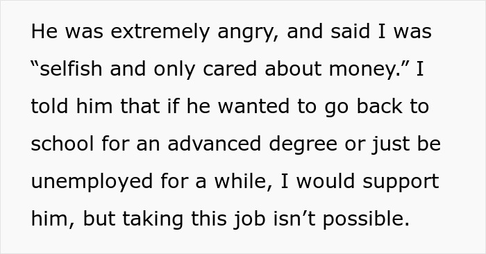 Text excerpt about asking husband to turn down dream job, expressing conflict and concern over career choice and support. Text excerpt about asking husband to turn down dream job, expressing conflict and concern over career choice and support.