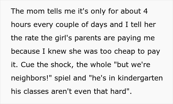 Text excerpt about neighbor refusing to babysit undisciplined kid, causing conflict with the kid’s mom. Text excerpt about neighbor refusing to babysit undisciplined kid, causing conflict with the kid’s mom.
