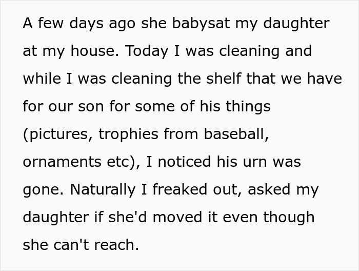 Text excerpt about family drama involving an entitled grandma stealing grandson’s ashes, causing upset and confusion.
