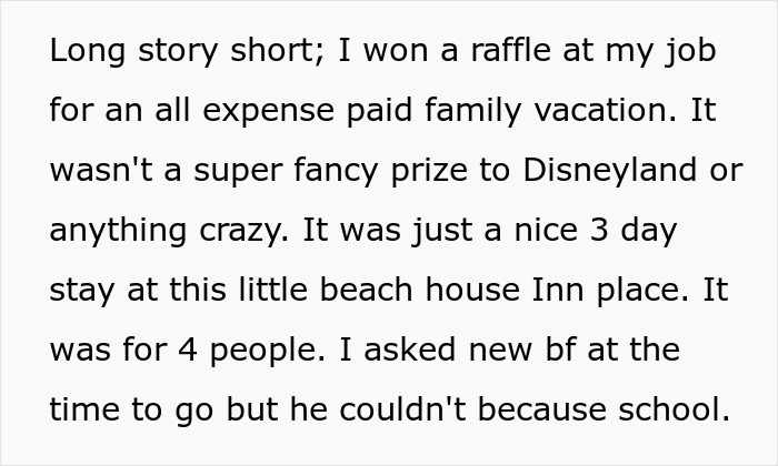 Text about winning a family vacation for four causing a rift when woman chooses friend over sister and niblings. Text about winning a family vacation for four causing a rift when woman chooses friend over sister and niblings.