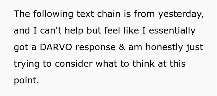 Text excerpt discussing a DARVO response in a text chain about an 8-year-old spending the night at mom's boyfriend's house. Text excerpt discussing a DARVO response in a text chain about an 8-year-old spending the night at mom's boyfriend's house.