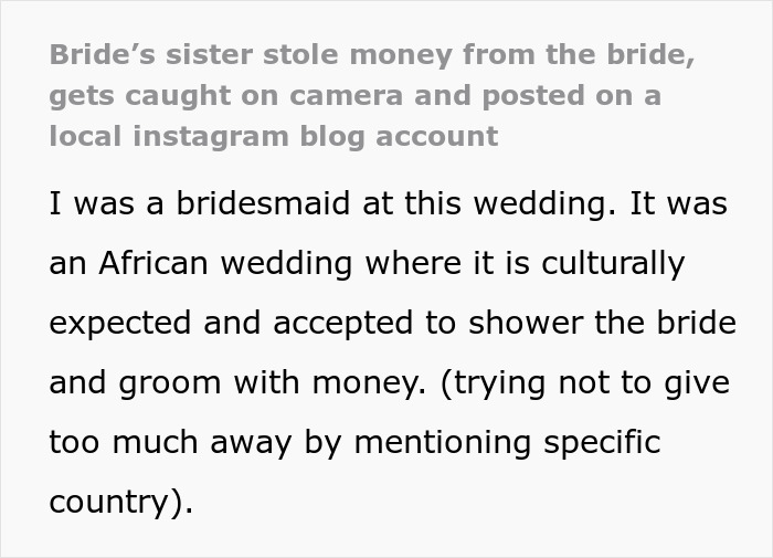 Bride’s sister caught on camera stealing money from the bride during wedding gift shower, exposing the theft on social media. Bride’s sister caught on camera stealing money from the bride during wedding gift shower, exposing the theft on social media.