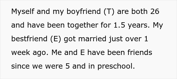 Text excerpt describing a man planning a public proposal at a wedding without asking, leaving the bride in tears and the girlfriend embarrassed.