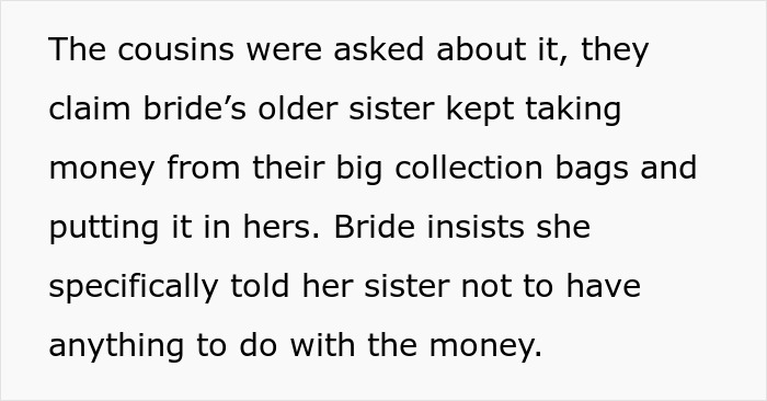 Text describing bride's sister stealing money caught on camera and exposed, amidst family dispute over collection bags. Text describing bride's sister stealing money caught on camera and exposed, amidst family dispute over collection bags.