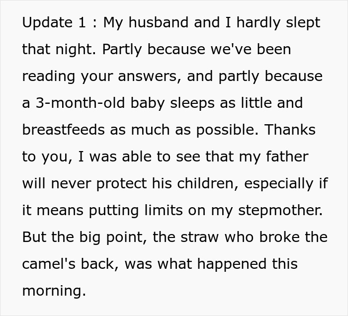 Text excerpt showing a woman’s disturbed mental health as she questions stepdaughter’s baby and family dynamics. Text excerpt showing a woman’s disturbed mental health as she questions stepdaughter’s baby and family dynamics.
