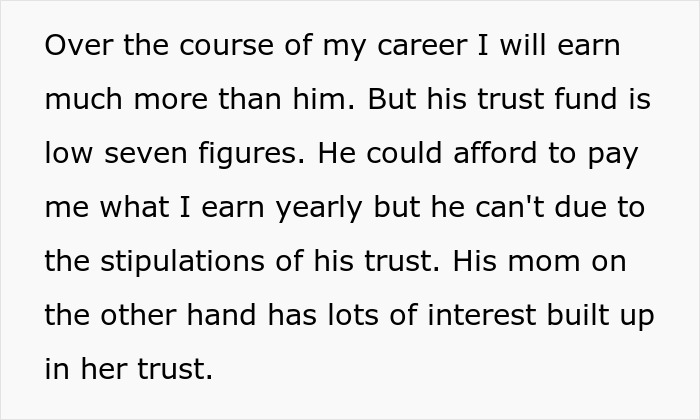 Text describing a woman's career earnings compared to her husband's trust fund amid in-laws demanding she quit her job. Text describing a woman's career earnings compared to her husband's trust fund amid in-laws demanding she quit her job.