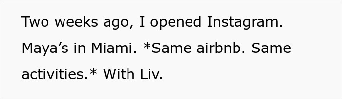 Text on a white background reading about Instagram activity and staying at the same Airbnb in Miami with Liv. Text on a white background reading about Instagram activity and staying at the same Airbnb in Miami with Liv.