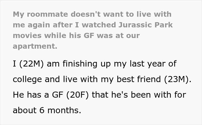 Text post about a woman who doesn’t believe in dinosaurs and confronts boyfriend’s roommate over watching Jurassic Park. Text post about a woman who doesn’t believe in dinosaurs and confronts boyfriend’s roommate over watching Jurassic Park.