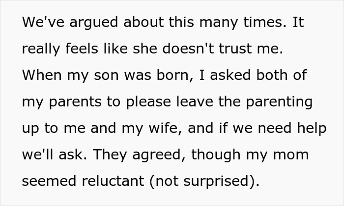 Text excerpt showing a mom overprotective about baby care, arguing about who can help with parenting. Text excerpt showing a mom overprotective about baby care, arguing about who can help with parenting.