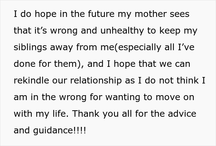Text expressing hope to mend family relationships after deciding to stop taking care of half-siblings and move out.