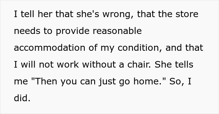 Text excerpt about disabled employee insisting on accommodation and manager refusing to provide reasonable support at work.