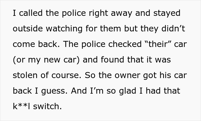 Text excerpt describing how car thieves were stopped using a kill switch trick and police involvement after a stolen car incident. Text excerpt describing how car thieves were stopped using a kill switch trick and police involvement after a stolen car incident.