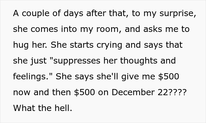 Text showing a mother gaslighting after embezzling daughter's $160K inheritance, offering partial payments to manipulate her. Text showing a mother gaslighting after embezzling daughter's $160K inheritance, offering partial payments to manipulate her.