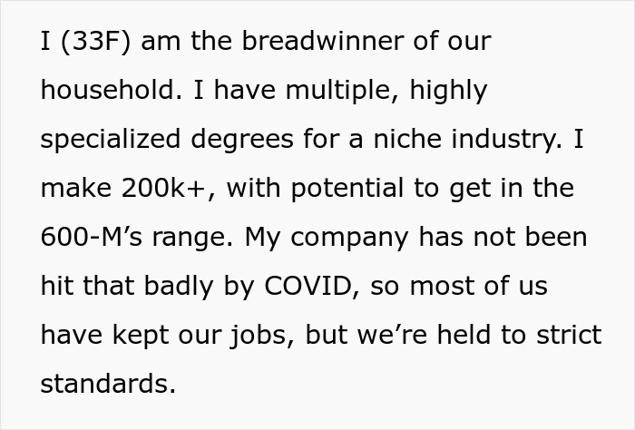 Text displaying a woman's story about being the breadwinner with a high-paying career, asking husband to turn down dream job. Text displaying a woman's story about being the breadwinner with a high-paying career, asking husband to turn down dream job.