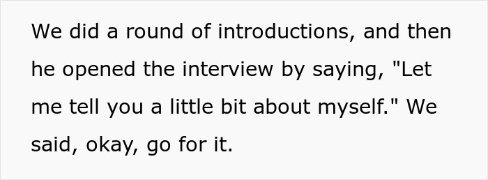 Text excerpt from a job interview transcript showing the candidate's opening statement about himself. Text excerpt from a job interview transcript showing the candidate's opening statement about himself.