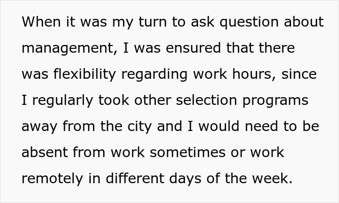 Text about employee asking management about flexible work hours due to selection programs and remote work needs. Text about employee asking management about flexible work hours due to selection programs and remote work needs.